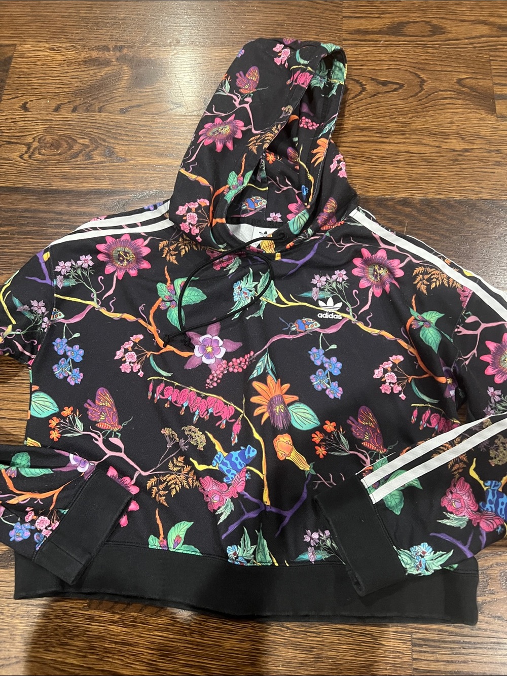 adidas Black Floral Hooded Pullover Sweatshirt with White Stripes